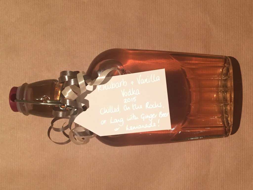 Rhubarb and Vanilla Vodka in Kilner bottle with handwritten label